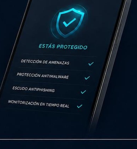 Concepto visual de la interfaz de Blindafone mostrando un estado de protección activa.